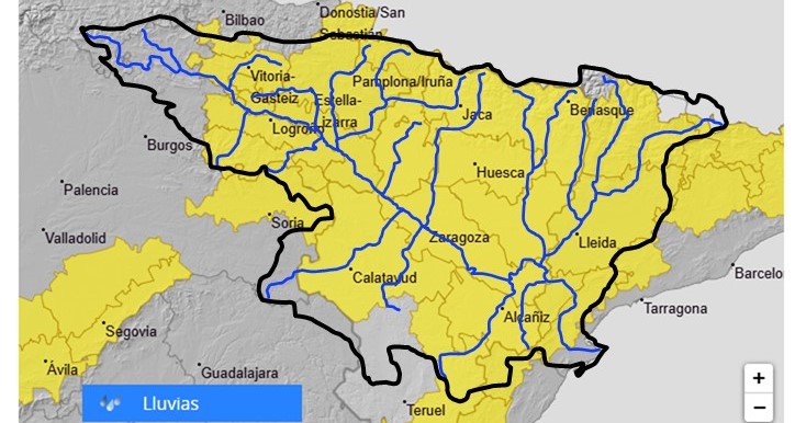 Como consecuencia de los avisos amarillos de la AEMet por lluvias intensas, se advierte de la posibilidad de crecidas súbitas en barrancos y cauces menores en Castilla y León (Soria), País Vasco (Álava), Navarra, La Rioja, Aragón, Cataluña (Lleida y Tarragona) y Comunidad Valenciana (noroeste de Castellón) Como consecuencia de los avisos amarillos de la AEMet por lluvias intensas, se advierte de la posibilidad de crecidas súbitas en barrancos y cauces menores en Castilla y León (Soria), País Vasco (Álava), Navarra, La Rioja, Aragón, Cataluña (Lleida y Tarragona) y Comunidad Valenciana (noroeste de Castellón)